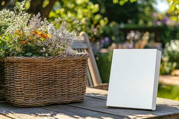 Blank Sign Beside Wicker Basket With Flowers on Wooden Table