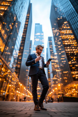 Fototapeta premium Businessman in suit checking his phone in the city.