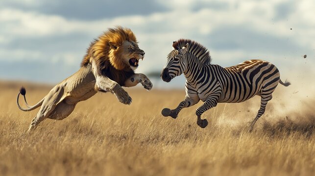 Male lion attacking a zebra in African savannah
