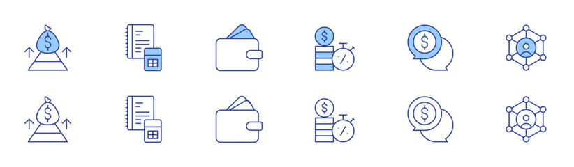 Business icon set in two styles, Duotone and Thin Line style. Editable stroke. hierarchy, money, loan, money bag, strategy