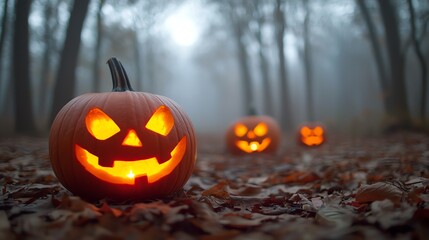A spooky Halloween scene with glowing jack-o'-lanterns nestled among autumn leaves in a foggy forest.