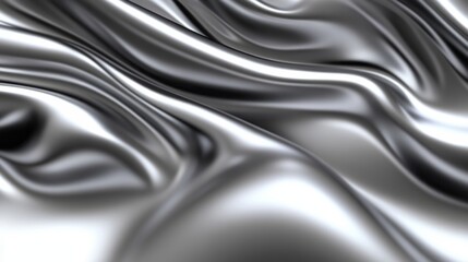 Abstract Background Of Smooth, Flowing Silver Metallic Fabric With Elegant Waves, 3D Render.