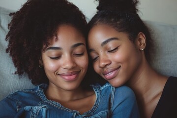 Family and motherhood joy. Loving mother embracing her daughter, expressing love and affection, bonding sitting on sofa at home, Generative AI