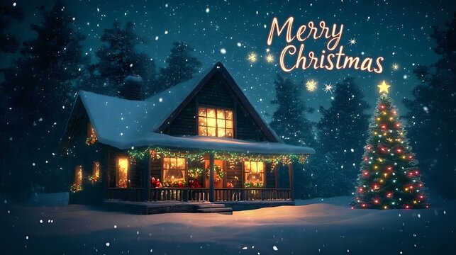 Cozy Christmas cabin in the woods with snow falling, a decorated tree outside, and "Merry Christmas" written in the sky in shimmering fireworks - Powered by Adobe
