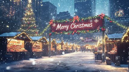 Outdoor Christmas market with snow falling, hot chocolate stalls, and "Merry Christmas" written in vibrant colors across a large banner, lights glowing