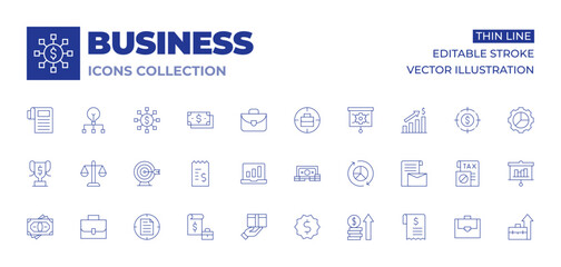Business icons collection. Thin Line icons, editable stroke. target, sticker, profit, briefcase, branding, bill, bar chart, balance, pie chart, receipt, money, reward, report