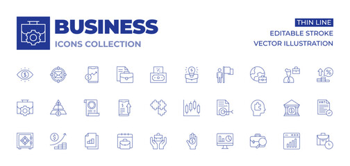 Business icons collection. Thin Line icons, editable stroke. work in progress, growth, bill, bar chart, business idea, business, inheritance, job, eye, pyramid, puzzle