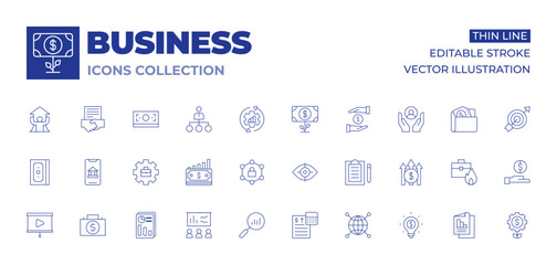 Business icons collection. Thin Line icons, editable stroke. working, vision, contract, continuous, hierarchy, growth, money, online banking, omni channel, profit