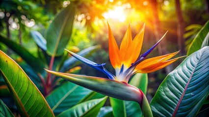 A vibrant bird of paradise flower blooms amidst lush green foliage, bathed in the warm glow of sunlight.
