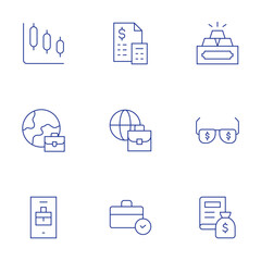 Business icons set. Thin Line style, editable stroke. graph, gold ingots, global services, global, glasses, business, accounting