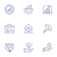 Business icons set. Thin Line style, editable stroke. improvement, improve, id card, home, hiring, handshake, hand