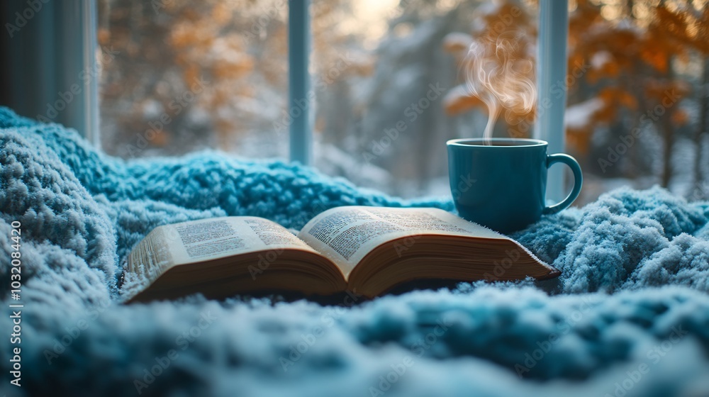 Aufkleber serene world book day scene featuring an open book and steaming coffee cup nestled in the warmth of 