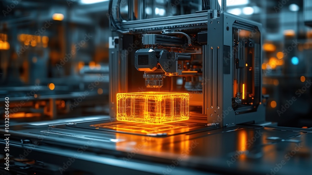 Poster a close-up shot of a 3d printer in a factory setting, creating a glowing orange cube.