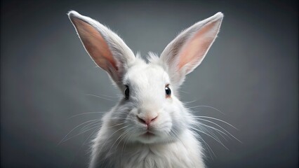 A curious white rabbit with long, perky ears and delicate whiskers stares directly at the camera, its soft fur glowing against a muted gray background.