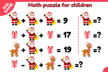 Fototapeta premium Christmas math game for children. Educational kids puzzle. Cartoon Santa Claus, reindeer, gift. Counting worksheet for preschool, school education. Xmas vector illustrations for baby activities book.