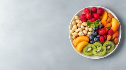 Fresh fruits and nuts arranged beautifully on white plate, featuring vibrant colors like red raspberries, green kiwi, and orange peaches.