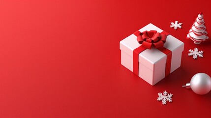 3D Rendering of a Christmas Gift Box on Red Background