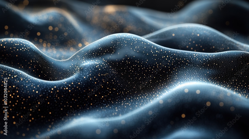 Wall mural abstract blue and gold wavy surface with sparkling particles.
