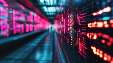 Abstract glowing digital matrix with blurred neon lights and circuits representing the dynamic and innovative nature of modern technology and computer systems