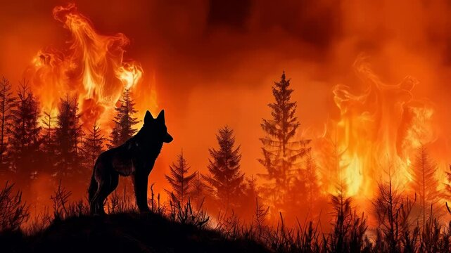 Lone wolf is standing on hill, observing wildfire burning the forest in the background. Sky is filled with smoke and air is thick with the smell burning trees. Concept of environmental disasters
