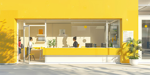 A contemporary yellow bank teller window, staffed by friendly professionals ready to assist customers.