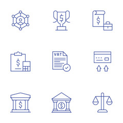 Business icons set. Thin Line style, editable stroke. vat, transfer, finance, bank, balance, reward, report, hierarchy