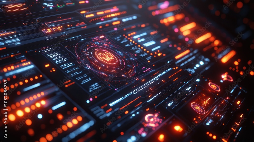 Poster abstract futuristic user interface with glowing red and orange lights.