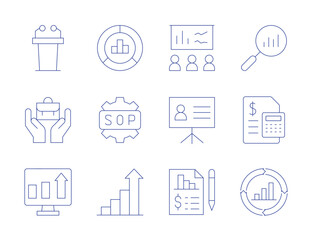 Business icons. Thin Line style, editable stroke. analytics, accounting, increase, income, improvement, lectern, job, presentation, statistics, sop