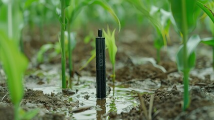 Black Sensor Probe Inserted into Mud in a Cornfield
