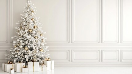 Christmas tree surrounded by presents in a minimalist clean white background