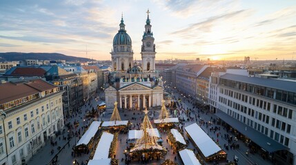 Fototapeta premium Festive Christmas Market in Vienna with Stunning Church and Golden Sunset