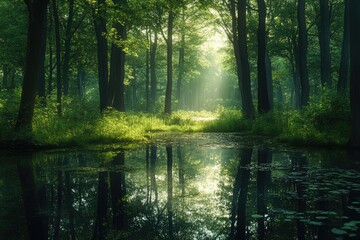 A peaceful forest scene with a pond. Perfect for nature, serenity, or tranquility themes.