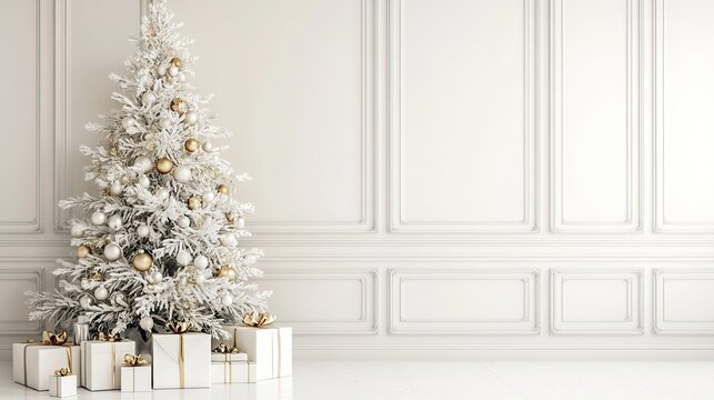 Christmas tree surrounded by presents in a minimalist clean white background