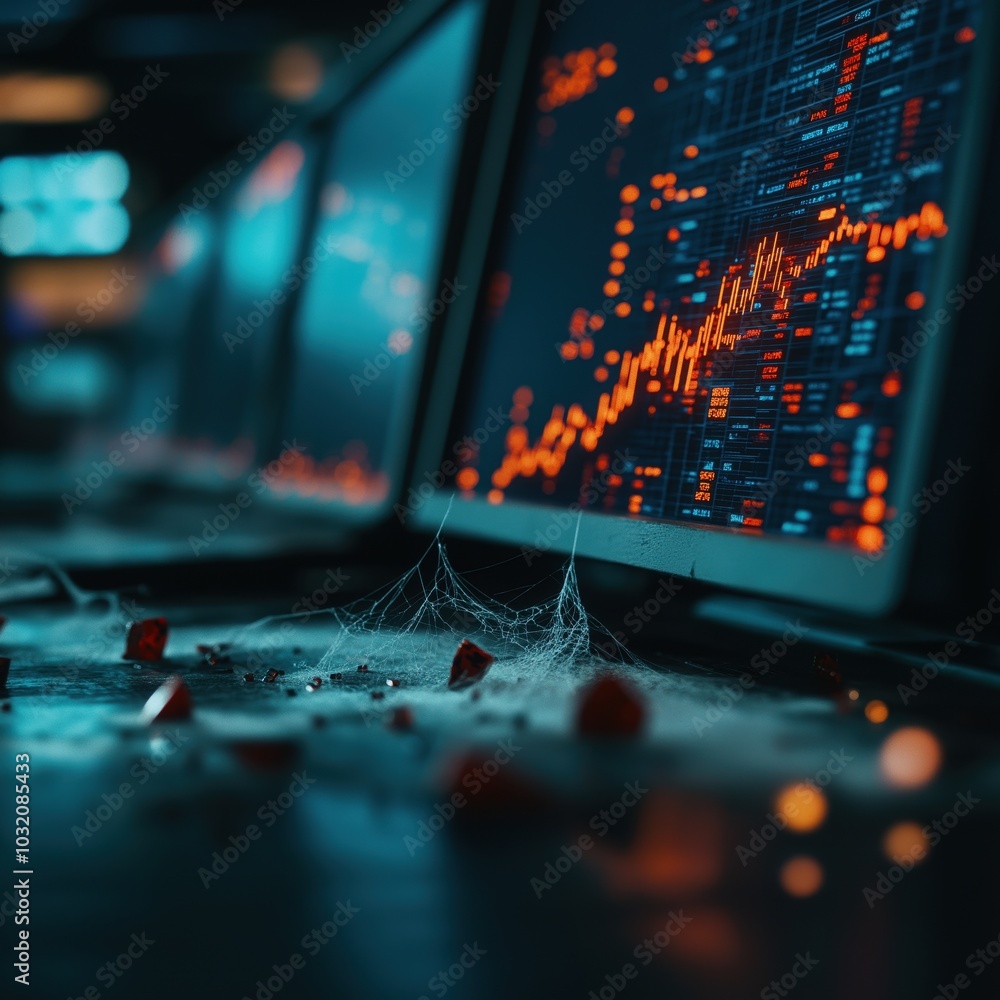 Poster close up view of a laptop screen displaying a finance data analytics dashboard with a market trading