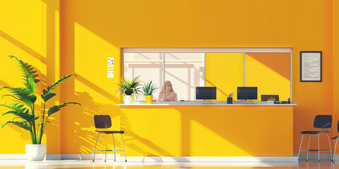 A contemporary yellow bank teller window, staffed by friendly professionals ready to assist customers.
