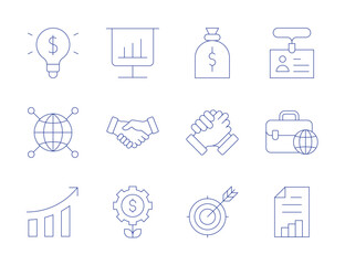 Business icons. Thin Line style, editable stroke. international, international business, idea, id card, handshake, growth graph, growth, money bag, analysis