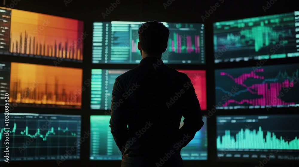 Poster man analyzing data on screens
