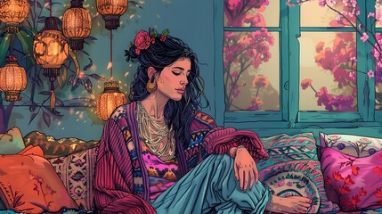 Fototapeta premium A woman with long black hair sits on a colorful couch with a window behind her. She is wearing a pink cardigan and has flowers in her hair. There are lanterns hanging from the ceiling.