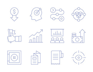 Business icons. Thin Line style, editable stroke. target, stats, blockchain, benefits, strongbox, brochure, low price, leader, invoice, eye, product, presentation