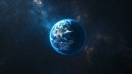 Fototapeta premium Earth Seen from Distant Alien Perspective as Glowing Blue Gem in Vast Cosmic Expanse