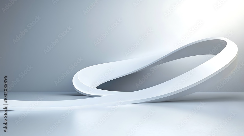 Poster an abstract white curve sculpture in a minimalist space, emphasizing clean lines and modern design. 