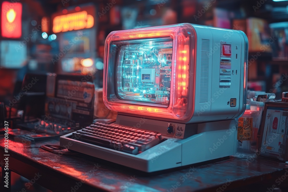 Poster A retro computer with a transparent casing showcasing its internal circuitry, glowing with red and blue lights.