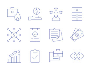 Business icons. Thin Line style, editable stroke. work, viral marketing, bar chart, audit, money, job description, eye, outstanding, notes, revenue, report