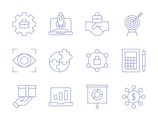 Business icons. Thin Line style, editable stroke. working, vision, profit, bar chart, aim, accountant, money, marketing, partnership, omni channel, startup, skill development