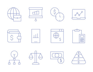 Business icons. Thin Line style, editable stroke. worldwide, wallet, project management, balance, analysis, accounting, money, maslow pyramid, payment, online business, statistics, smartphone