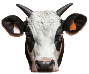 A cows head mounted on a wall looking directly at the camera