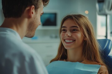 Fototapeta premium Cheerful male dentist checking the teeth of girl teenager, preparing for dental treatment in clinic, Generative AI