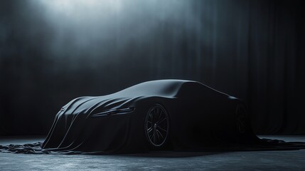 A black car covered with a sheet in a dark room.