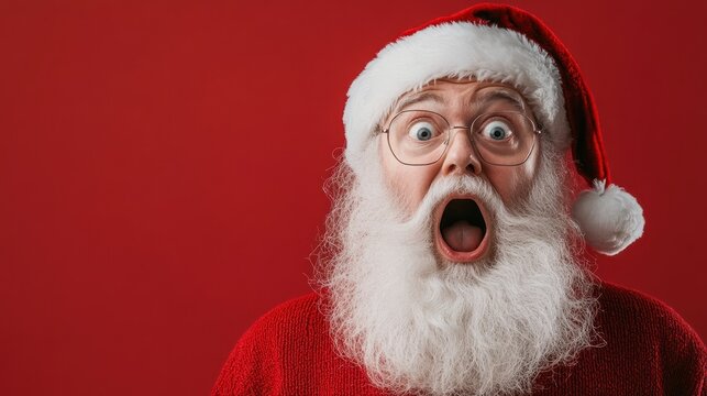 Santa Claus wide-eyed, wearing glasses, red background