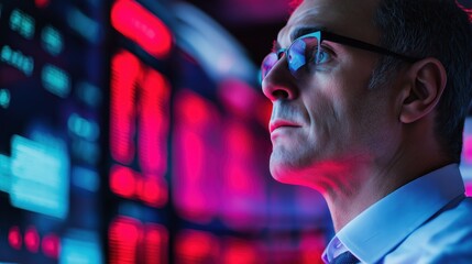 Focused Businessman Studying Various Data Visualizations and Information Displayed on Multiple Screens in a High Tech Corporate Office Environment Representing Business Analytics Strategy